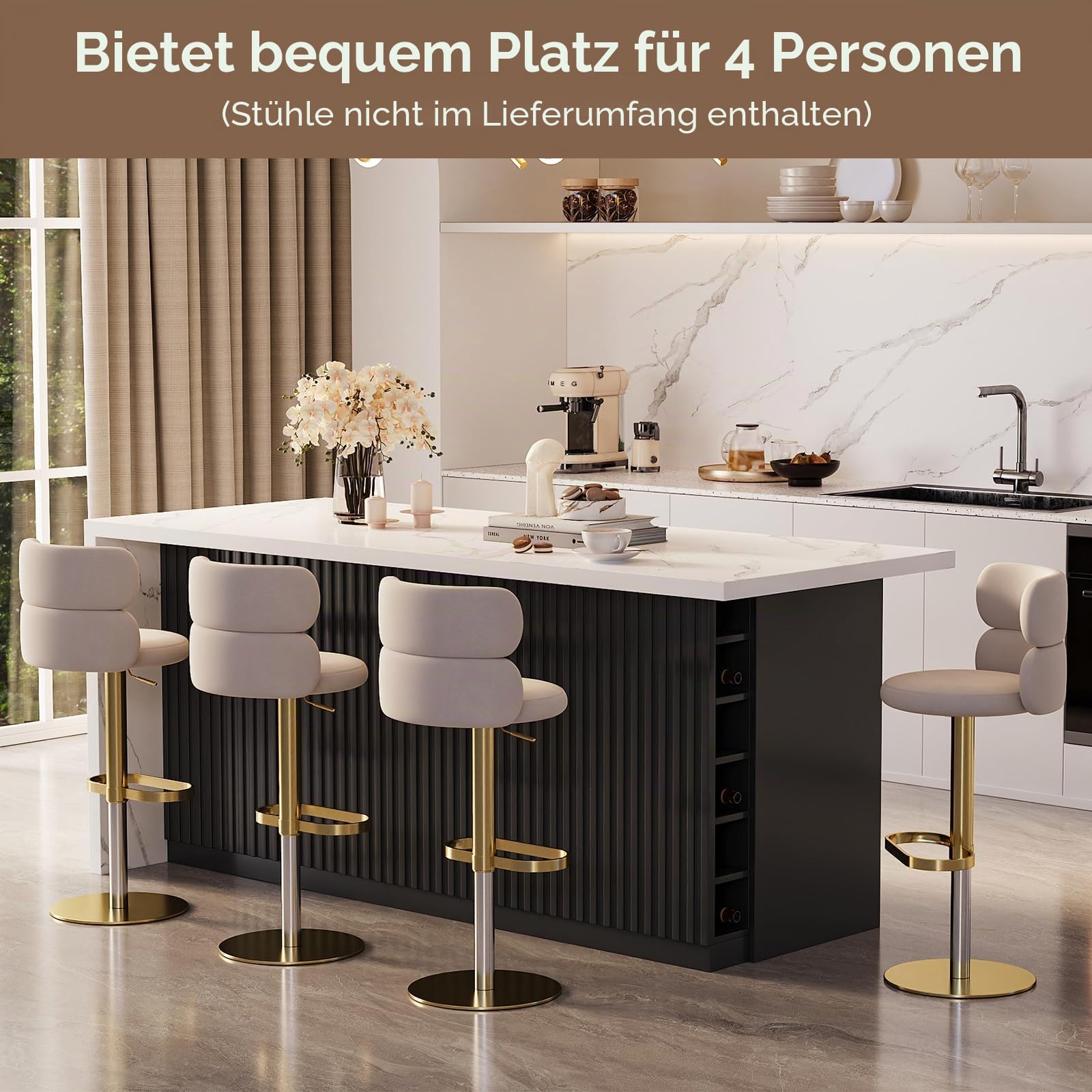 Homary Moderne Kücheninsel aus Melamin, 182,9 cm, mit Weinaufbewahrung und Sitzplatz, Stabiler Esstisch mit zusätzlichem Stauraum (Weiß Schwarz, 183cm: Rechte Schublade, Upgrade: Sinterstein)