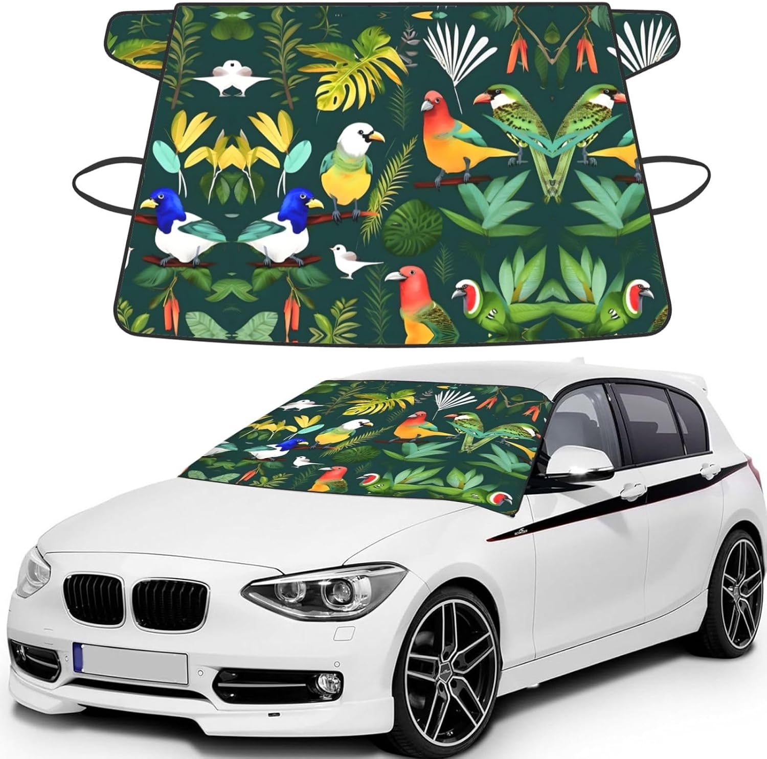 Tropical Birds and Plant Leaf Print Car Cover for Snow All-Season Windshield Cover with Elastic Strap Fits Most Cars and Trucks
