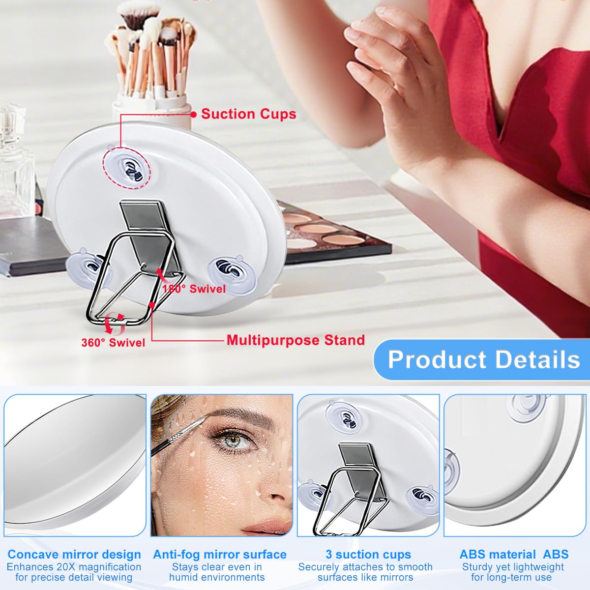Miroir Grossissant 20x Avec Ventouses - Miroir De Maquillage/rasage 15cm - Ventouses Puissantes Pour Salle De Bain