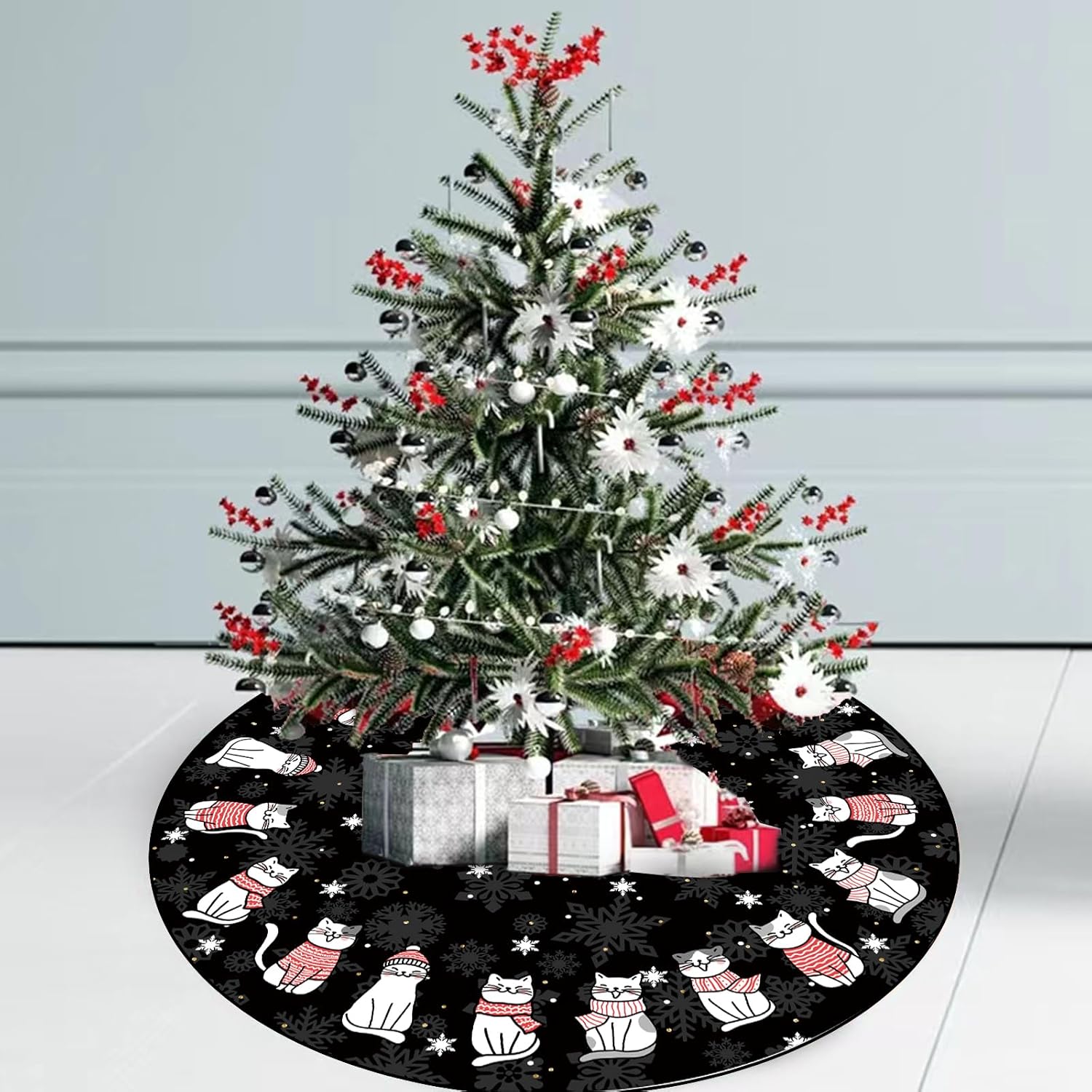 Christmas Tree Skirt Black Tree Skirt Cat Christmas Xmas Winter Tree Skirt 36 Inch for Black Cat Christmas Indoor Outdoor Decorations