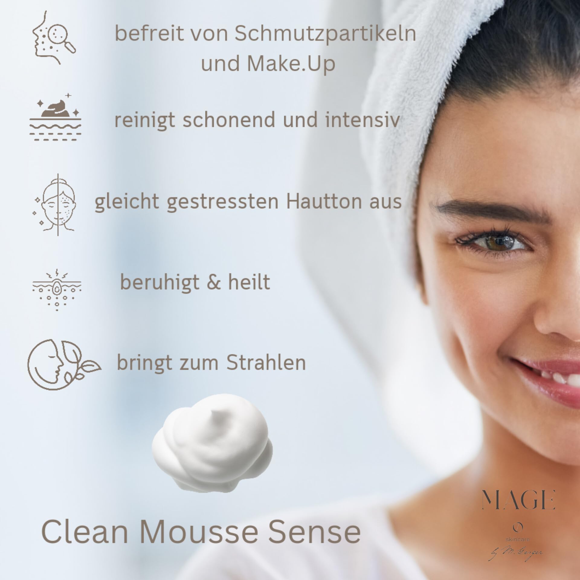 MAGE Clean Mousse Sense - Espuma limpiadora facial para limpiar la piel limpia y uniforme, cuidado facial limpiador, eliminación de maquillaje e imperfecciones, vegano, fabricado en Alemania