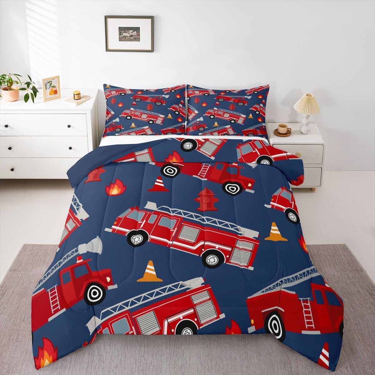 Feelyou Cartoon Car Bedding Set Construction Kids Comforter Set Boys Equipment Trucks Decor Comforter Cartoon Car Excavator Tractor Duvet Set Quilt King Boys