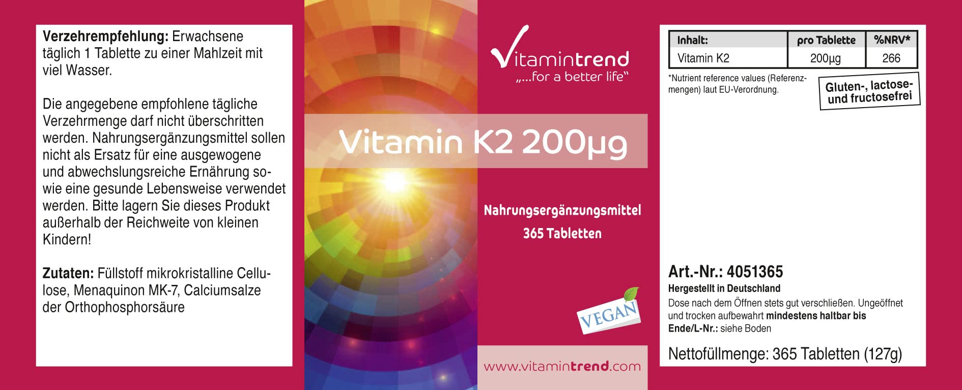 Vitamintrend Vitamine K2 200 µg, 365 comprimés, facile à avaler, complément alimentaire végan sans stéarate de magnésium, fabriqué en Allemagne