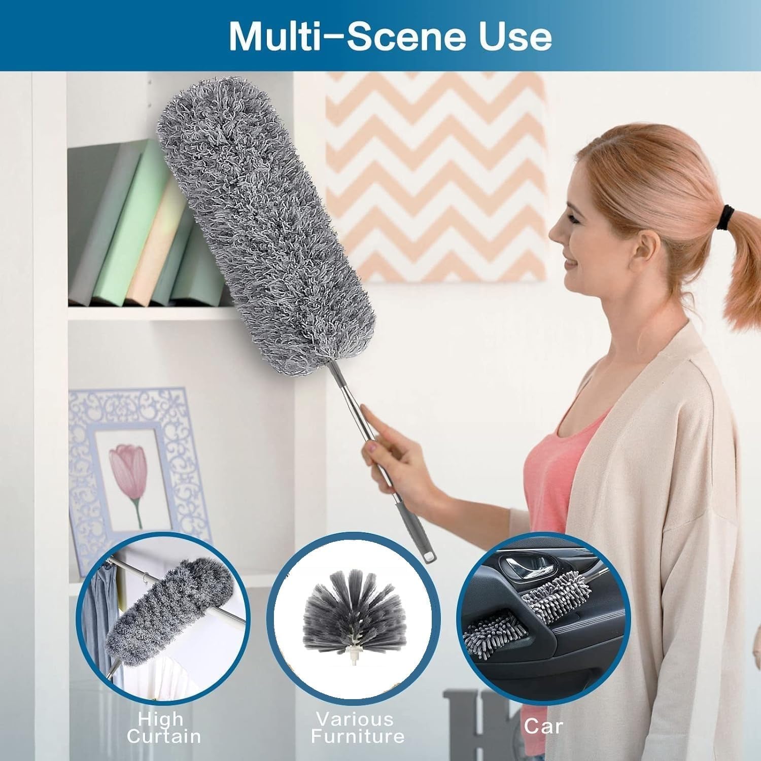 FPC Car Duster Microfiber Brush with Extendable Steel Pole | 3 in 1 Home & Office Cleaning Tool for Car Interior Dashboard, Ceiling Fans, Furniture, Windows & Hard to Reach Areas | Soft - Pack of 1 4