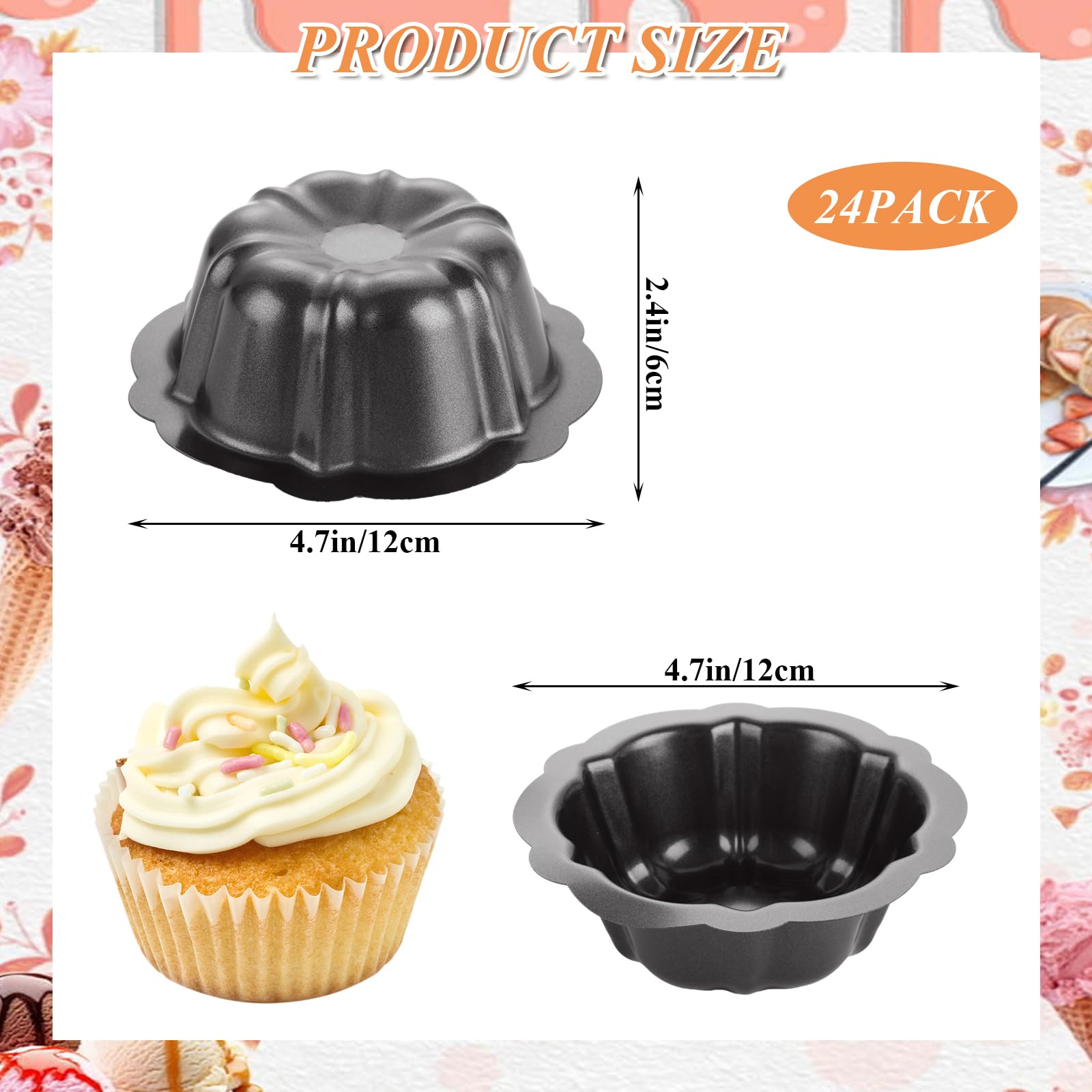 DAJAVE Paquete de 24 mini moldes estriados para pasteles, mini moldes de flan de acero al carbono de 4 pulgadas, molde antiadherente para hornear, cupcakes, pan, bávaros, brownies