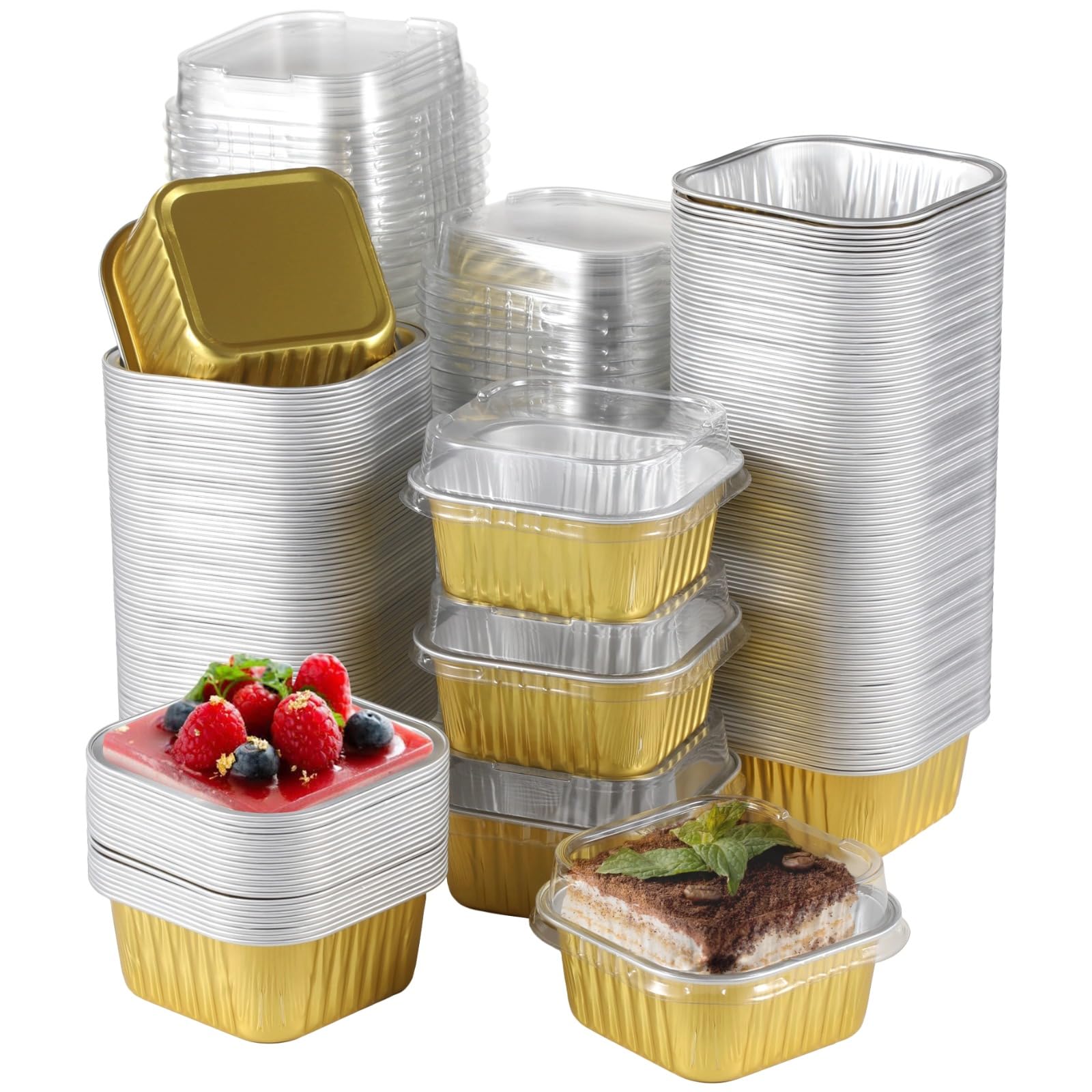 200 mini moldes para tartas con tapas, vasos de aluminio de 5 onzas, cajas de postre cuadradas doradas para catering y fiestas, moldes para cupcakes para hornear, horno y congelador