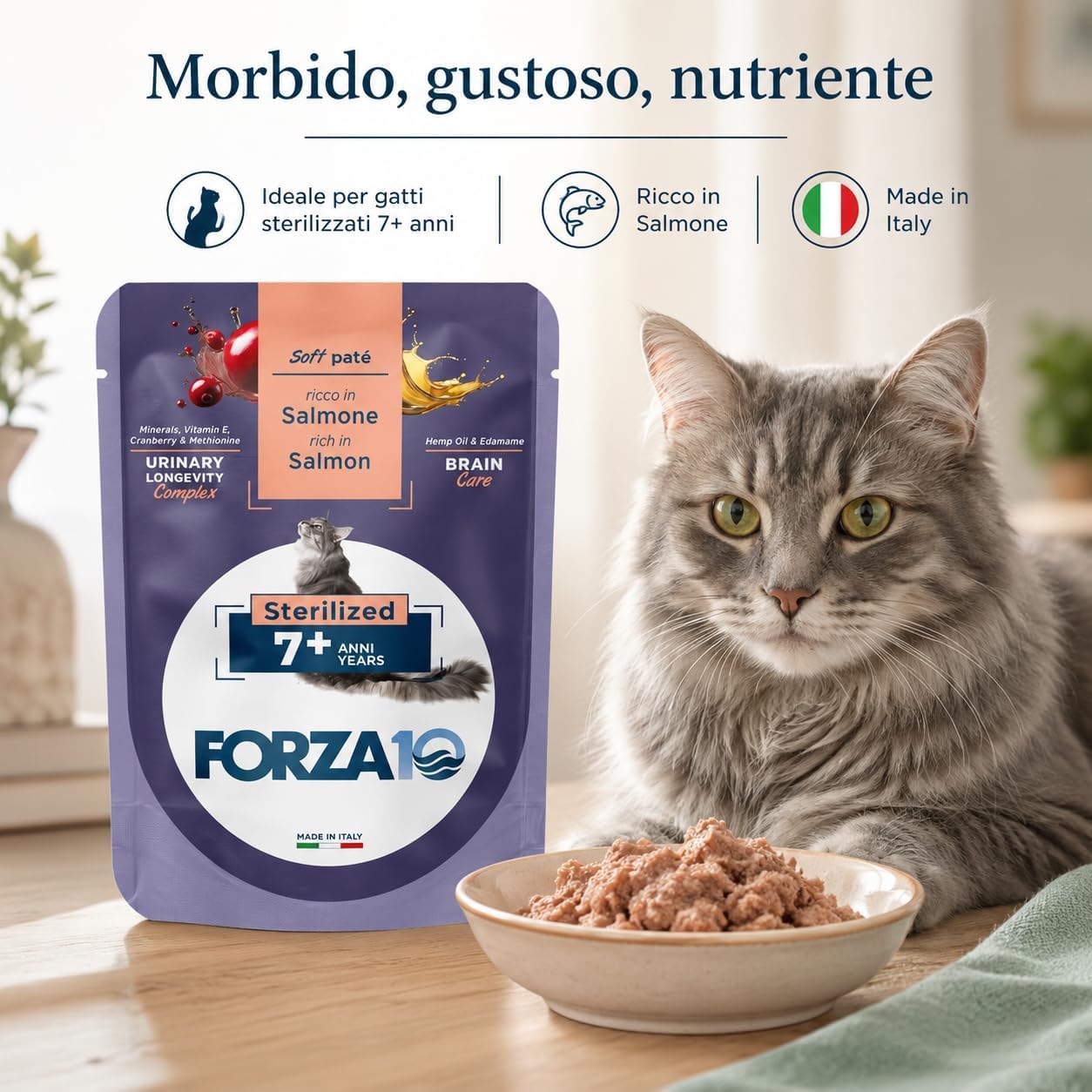 Soft Patè Gatto Salmone 7 anni sterilized– Forza10 Cibo Umido per Gatti Anziani sterilizzati di tutte le Taglie e Razze,Monoproteico,24 Bustine x 80g, Alimento Completo.