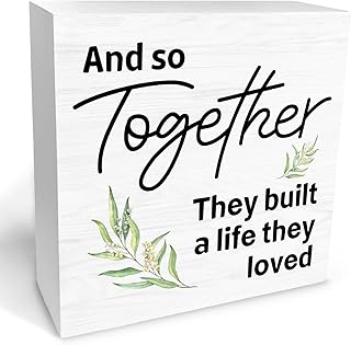 Wedding Wooden Box Sign Desk Decor, Married Couple Gifts, and So Together They Built a Life They Loved Wood Block Sign Decorations for Home Bedroom Wall Tabletop Shelf Decor, 5x5 Inch