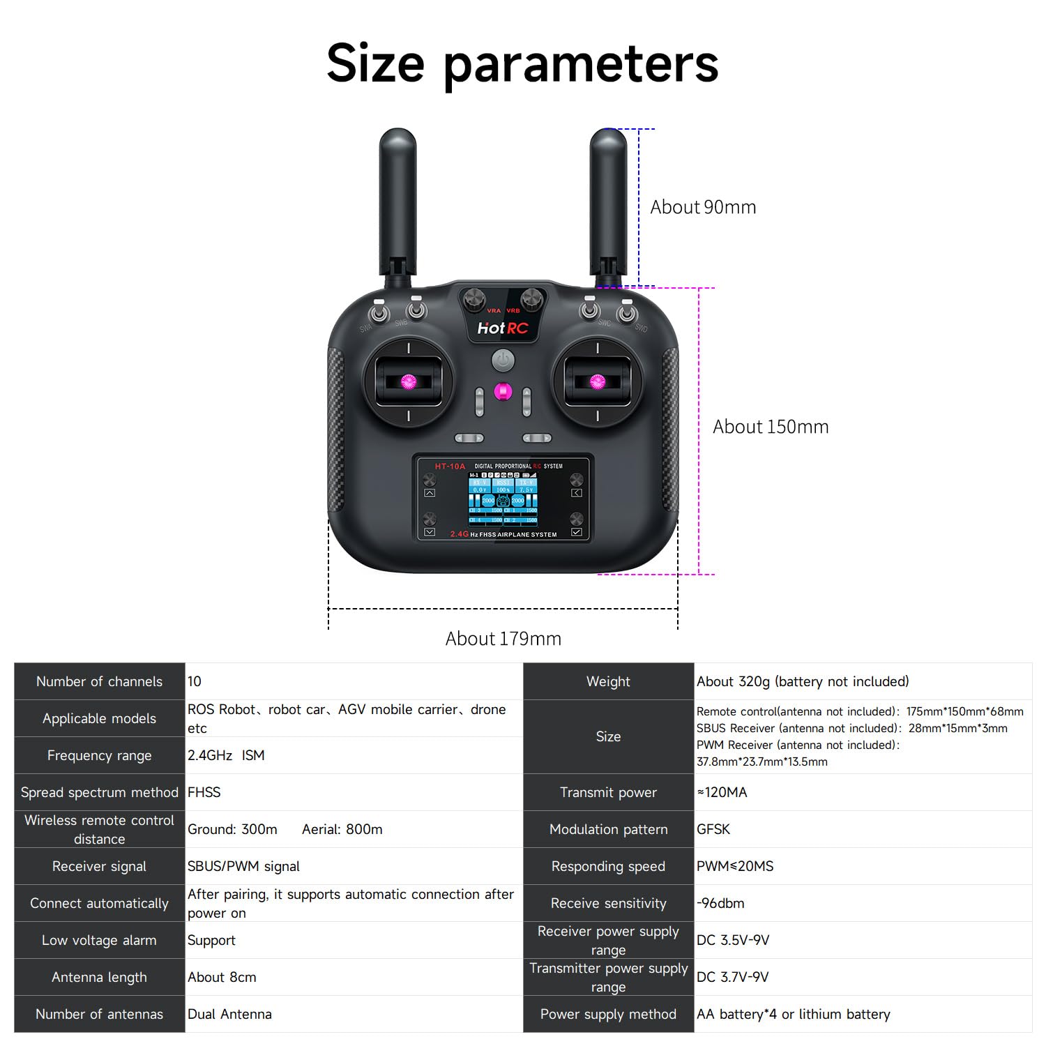Yahboom Transmisor y Receptor RC de 10 Canales de 2,4 GHz FHSS y Receptor de 10 Canales con Caja para avión FPV, avión RC, Barco, Coche, Control de Distancia de 300-800 m (con Receptor PWM)