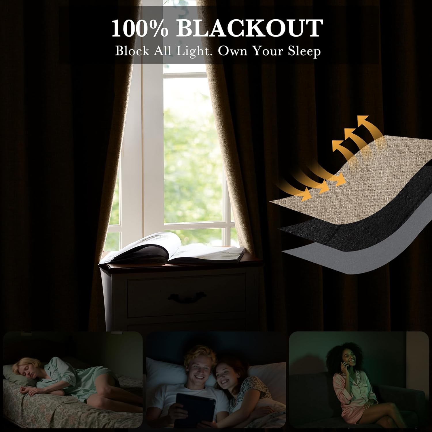 RYB HOME Linen Textured 100% Blackout Curtains for Bedroom, Insulating Energy Saving Window Curtains for Living Room Dining Patio Sliding Glass Door, Wide 52 x Long 84 inch, Burlap, 2 Panels