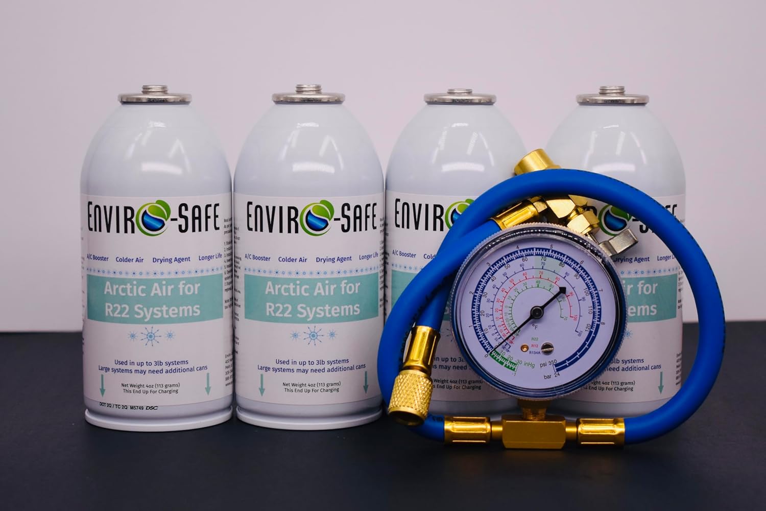 ENVIRO-SAFE Arctic Air Moisture Remover for R22 Systems – A/C Booster Additive – 4pk-4oz-Charging Gauge