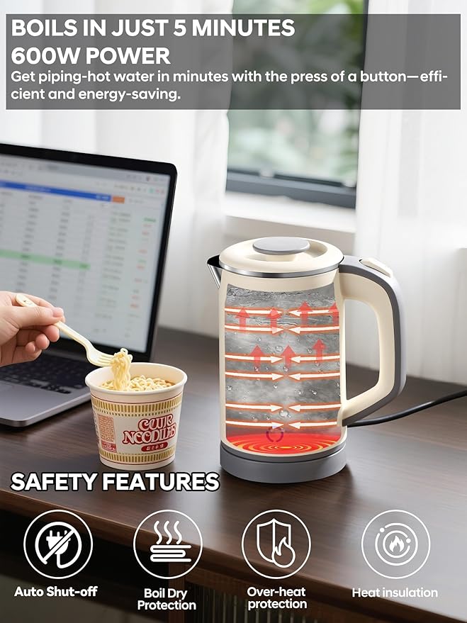 Tetera Eléctrica Portátil 24oz 600W Acero Inoxidable Beige miniatura 6