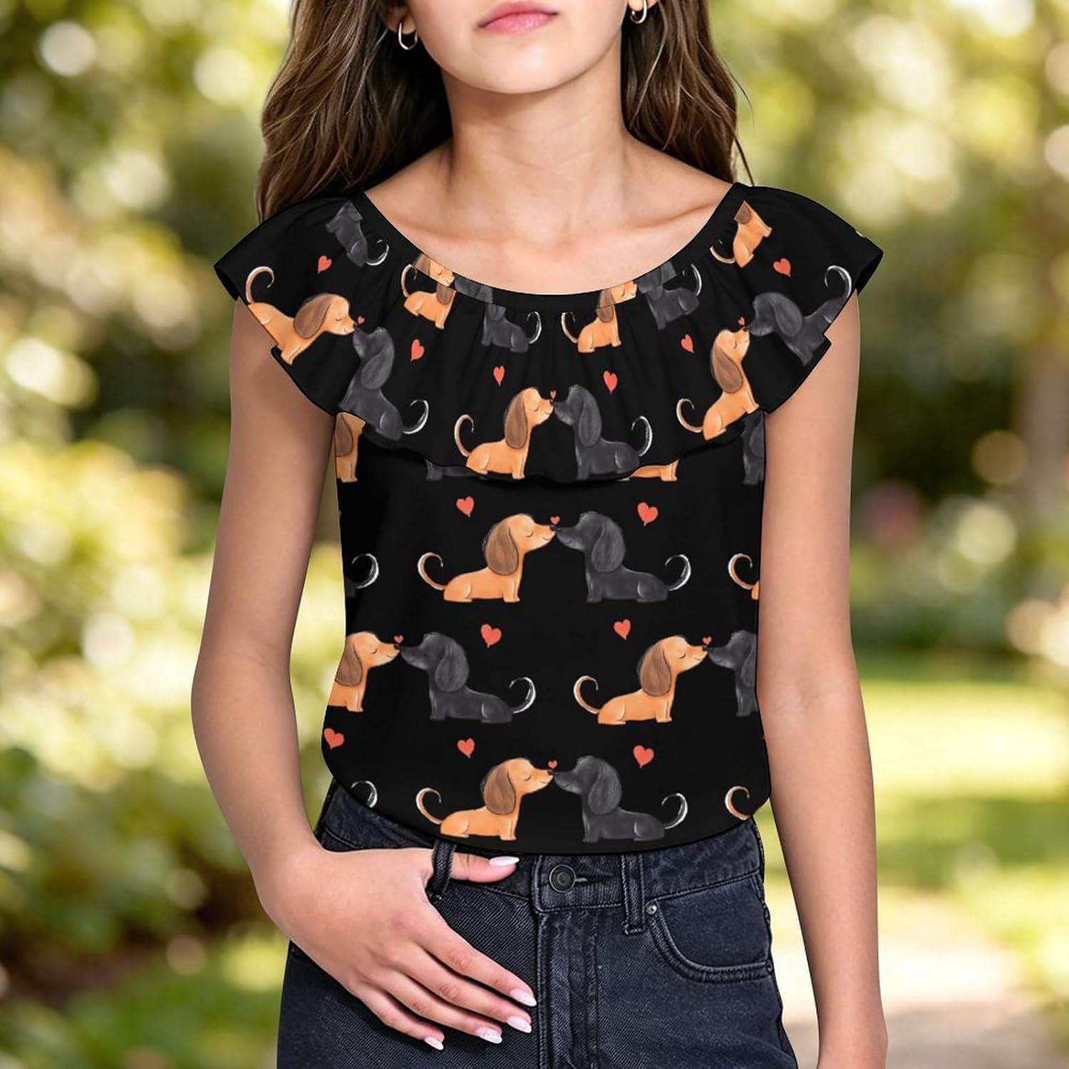Dachshunds Love Dogs with Heart Girls T-Shirts Top Ruffle Short Sleeve Blouse Casual Graphic Tees