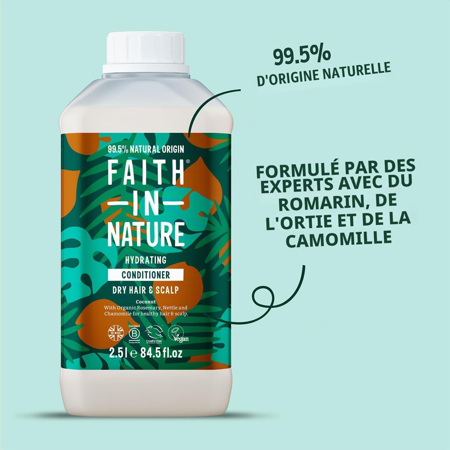 Faith In Nature Après-shampoing naturel à la noix de coco, hydratant, végétalien et sans cruauté envers les animaux, sans SLS ni parabènes, pour cheveux normaux à secs, 2,5 L, blanc cassé
