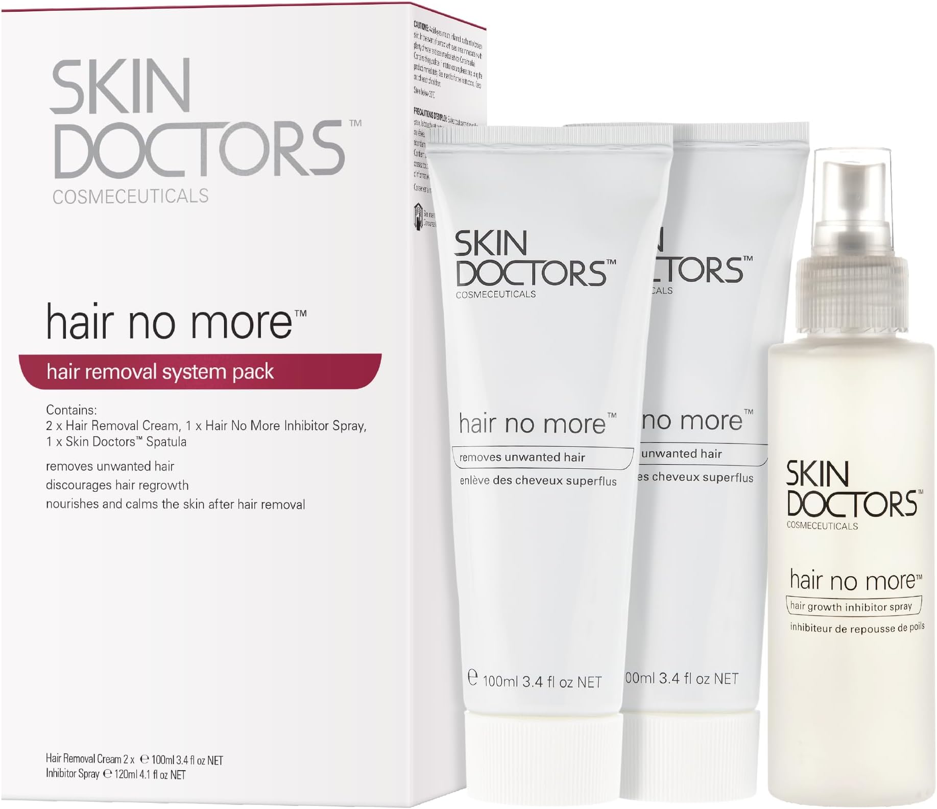 Skin Doctors Hair No More Inhibitor Pack | Discourages Hair Growth | Nourishes & Calms the Skin After Hair Removal | Pack Contains 2x Hair No More Cream (100ml) & 1x Inhibitor Spray (120ml).