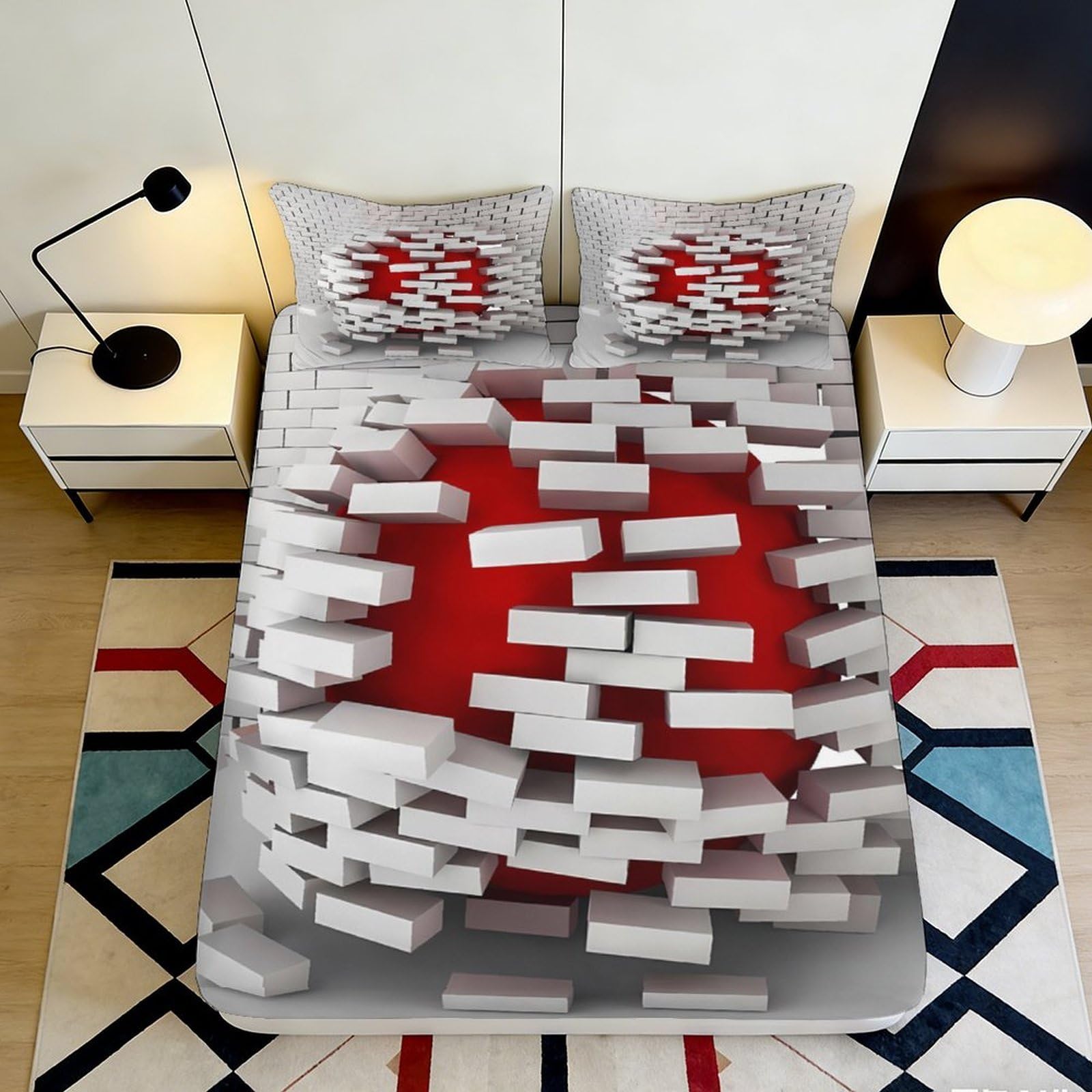 3D Printed Geometric 3D Blocks Fitted Sheet Microfiber Red Abstract Mattress Cover Anti-Slip Machine Washable Bedroom Decor 90x200x25cm