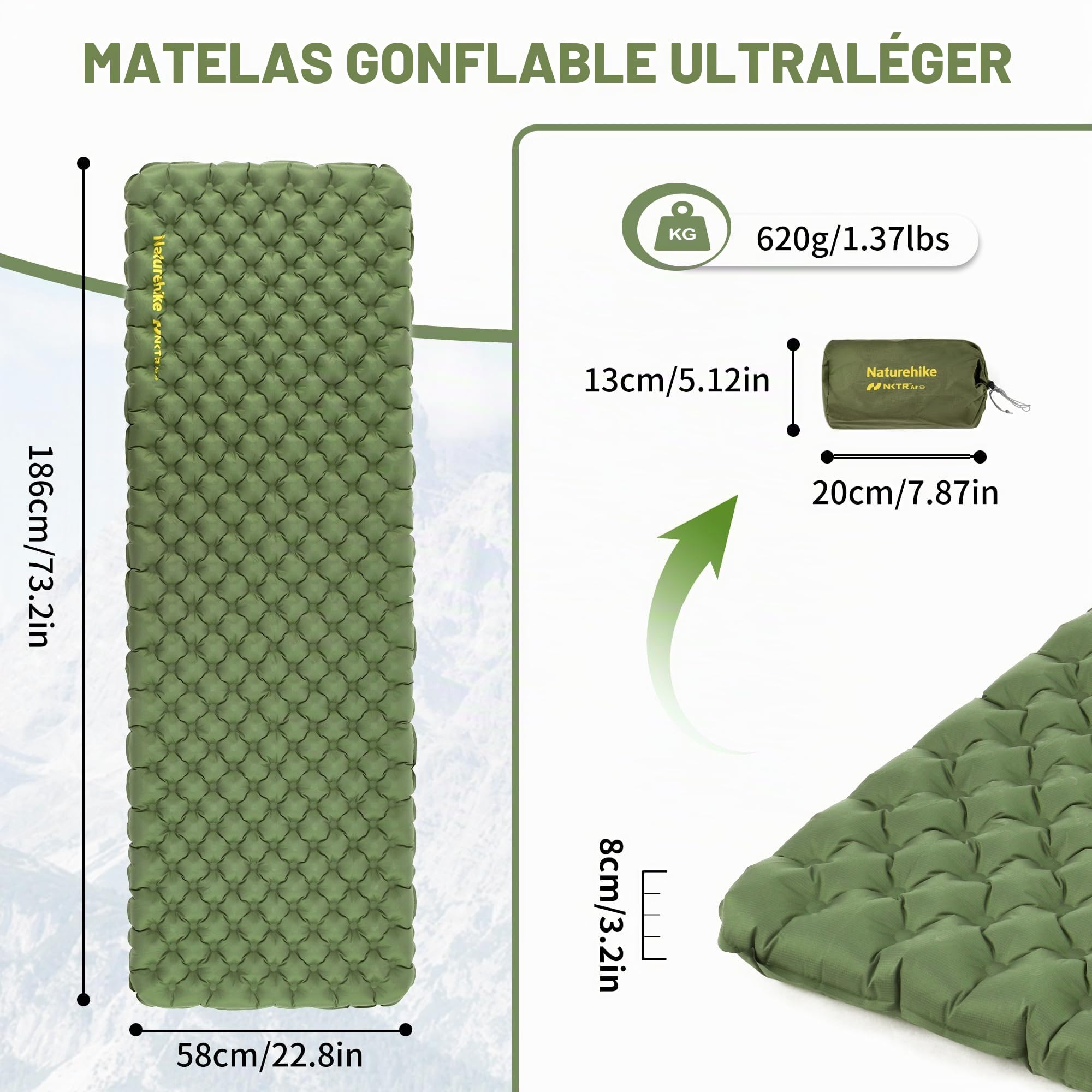 Naturehike Matelas Autogonflant 4.6R - Matelas de Camping Gonflable, Portable pour Trekking, Randonnée, Alpinisme et Backpacking