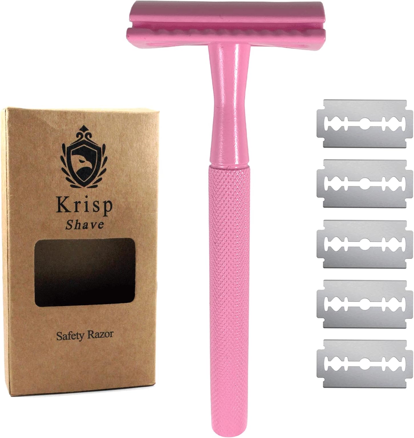 Krisp ShaveStainless Steel (4.5") Long Handle Pink Safety Razor for Women - Double Edge Razor - Fits All Double Edge Razor Blades - Comes With 5 Shaving Blades