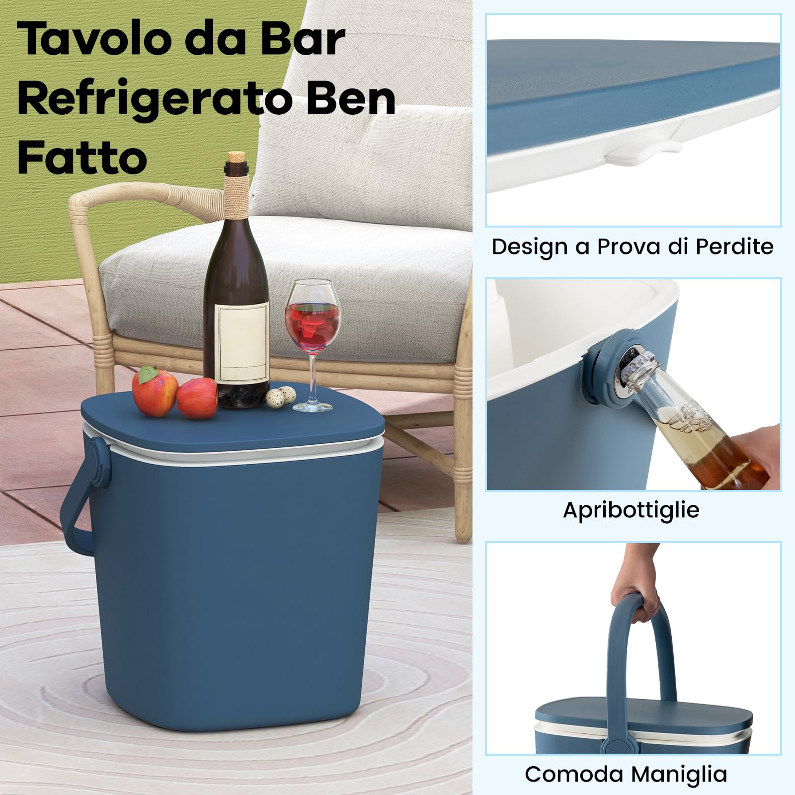 COSTWAY 3-in-1 Cool Box Portatile 15L con Piano Rialzabile 34 x 35 x 37-58 cm, Secchiello Ghiaccio con Apribottiglie e Pinza per Alimenti, Tavolino Portaghiaccio, per Piscina e Spiaggia (Blu)