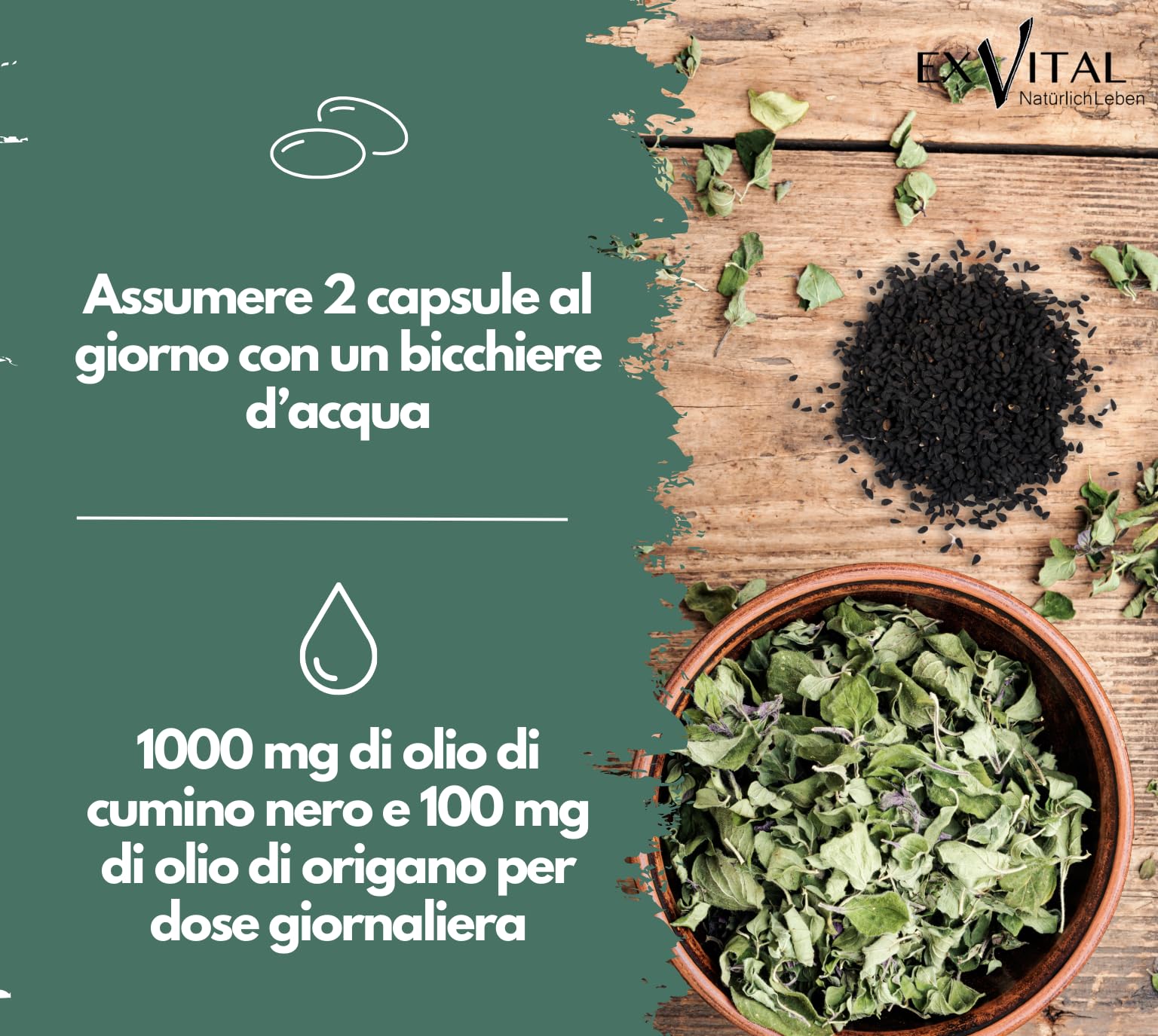 EXVital® Complesso di olio di origano e cumino nero, 180 capsule vegane, 100 mg di olio di origano e 1000 mg di olio di cumino nero al giorno, 80% di carvacrolo, altamente dosato e senza additivi