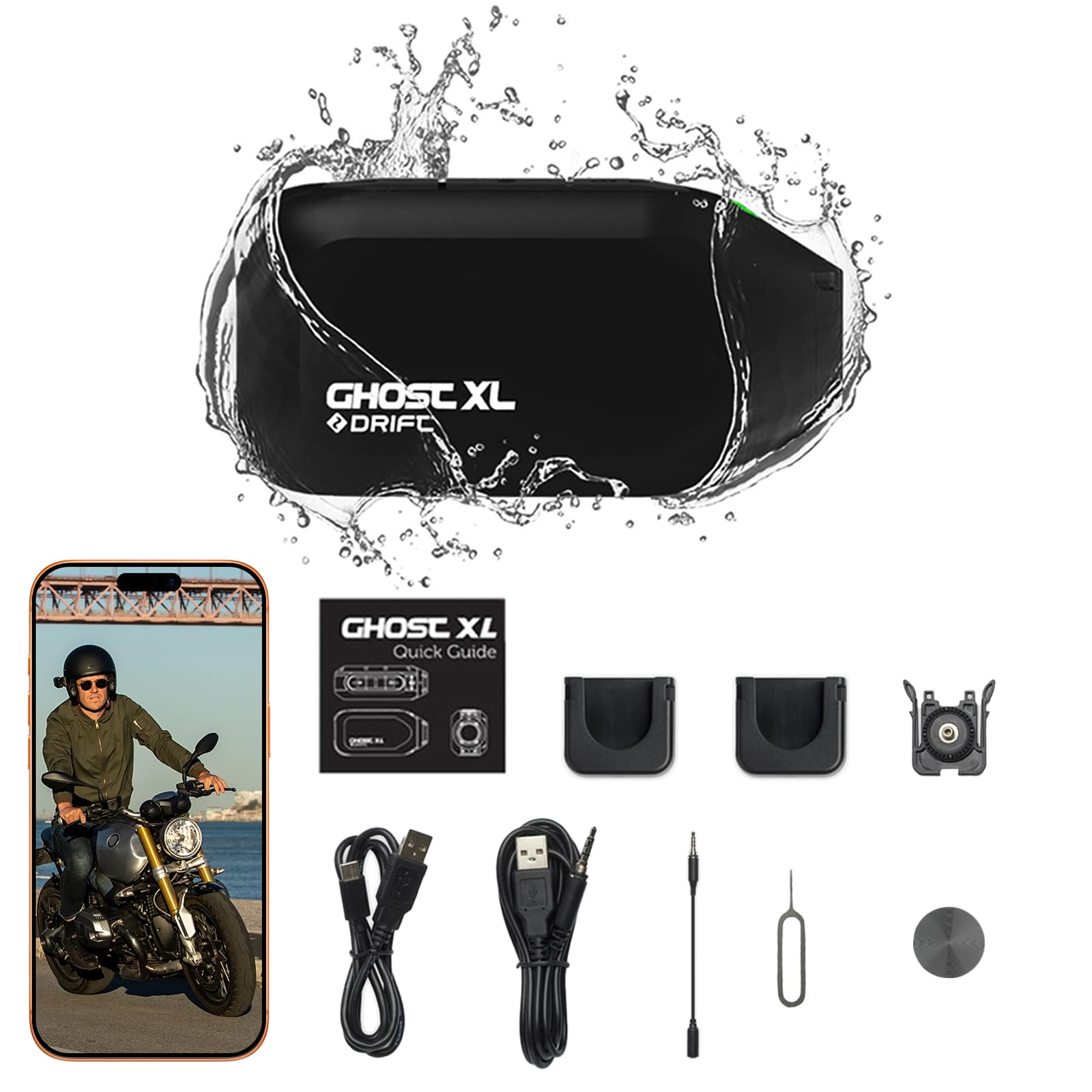 Drift Ghost XL - Camera Sport Moto, Batterie 9h, Objectif Rotatif 300°, Grand Angle 140°, Étanche IPX7