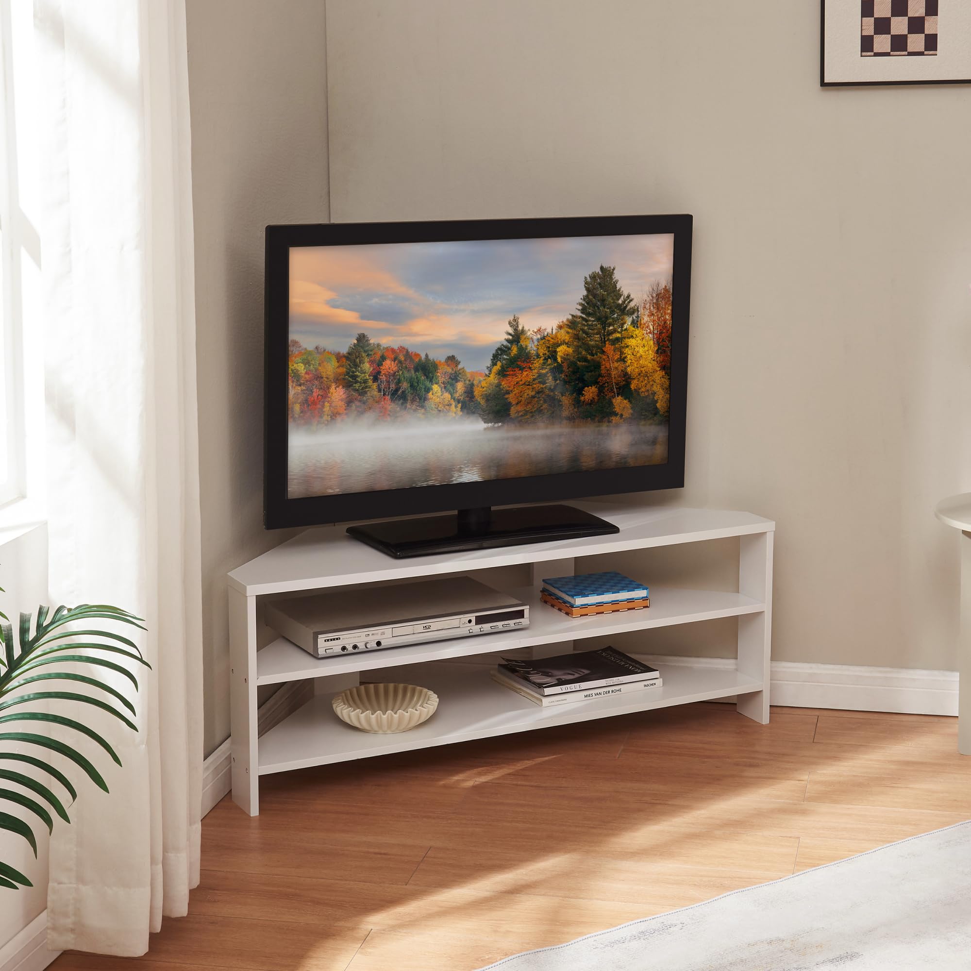 [en.casa] Otwarta szafka pod telewizor, skośne narożniki, regał pod telewizor, 110 x 36 x 42 cm, regał narożny, niski biały