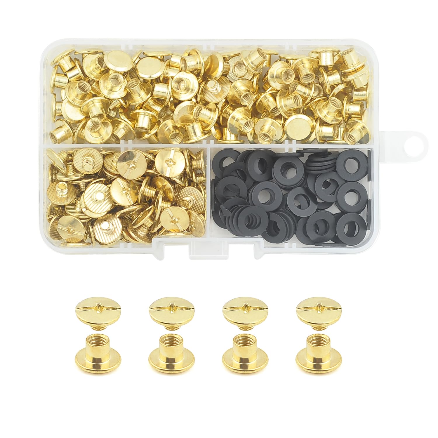 JINTANG 100 Sets M5x4mm Chicago Screws Leather Rivets for Fabric Chicago Binding Screws Buttons Metal Studs Rivets for Decorate and Repair Belts Bags Shoes Purse Dog Collar Leather Craft(Golden)