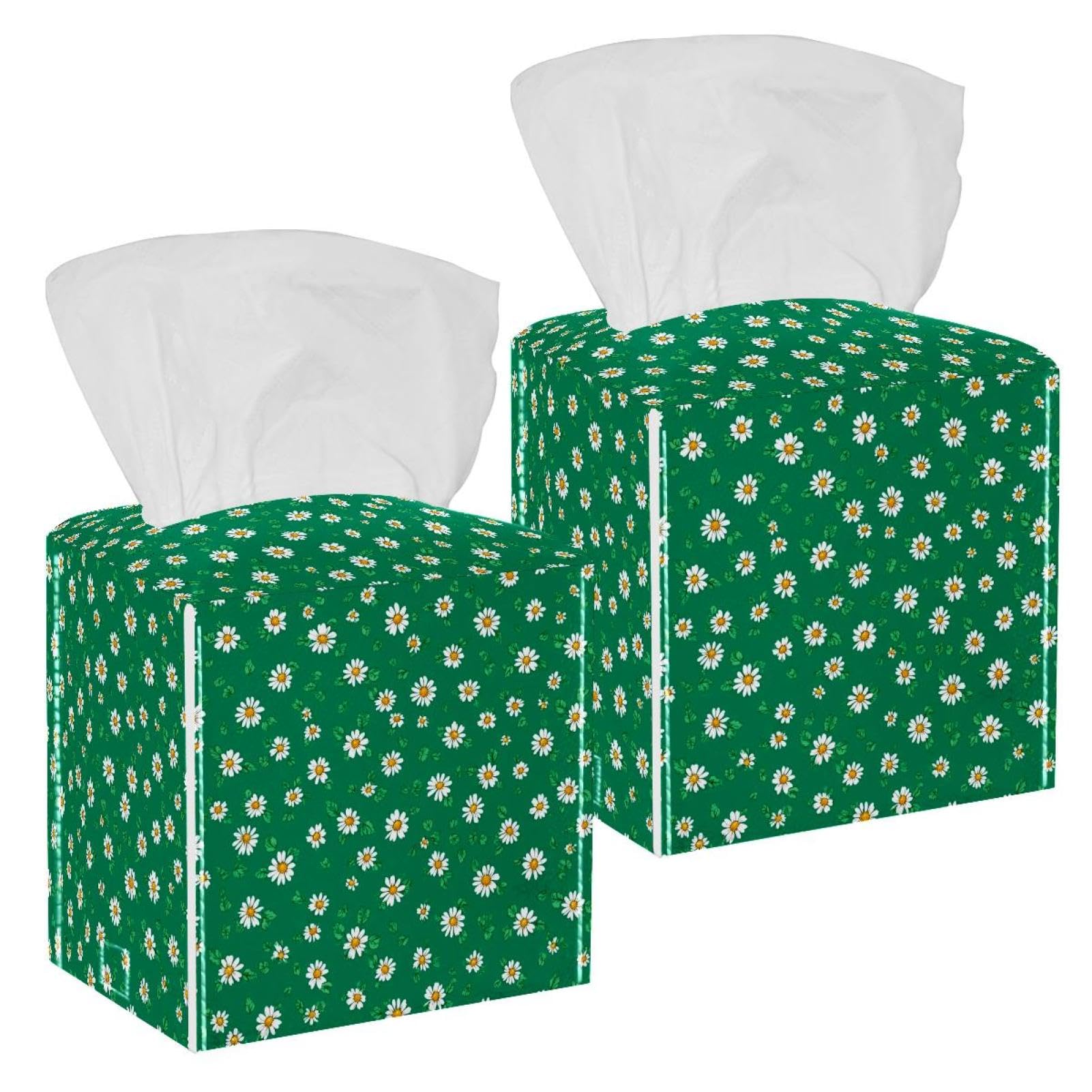 Daisy Tissue Box Cover, 2 Pack PU Leather Square Facial Tissue Dispenser Box holder for Home Office Car