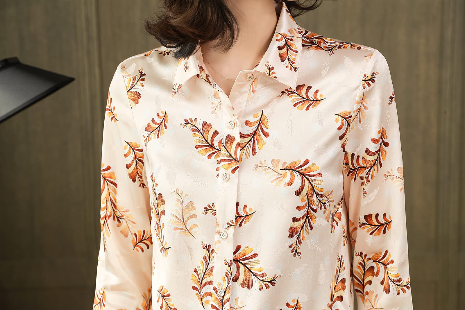 E-girl Blusa de seda para mujer con estampado de botones camisas de mujer blusa de manga larga solapa blusa de seda, S6618
