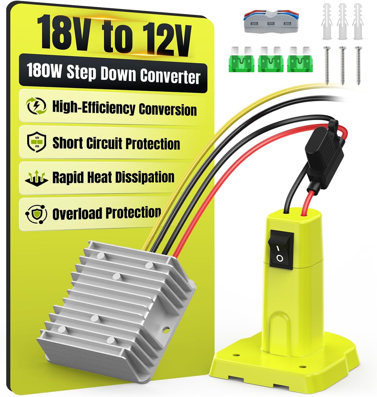 Step Down Converter 18V to 12V Compatible with Ryobi 18V Battery, DC Voltage Regulator 12V 15A 180W Buck Converter, Step Down Converter Adapter with Switch, 30A Fuse & Wire Terminal(2-Pack)