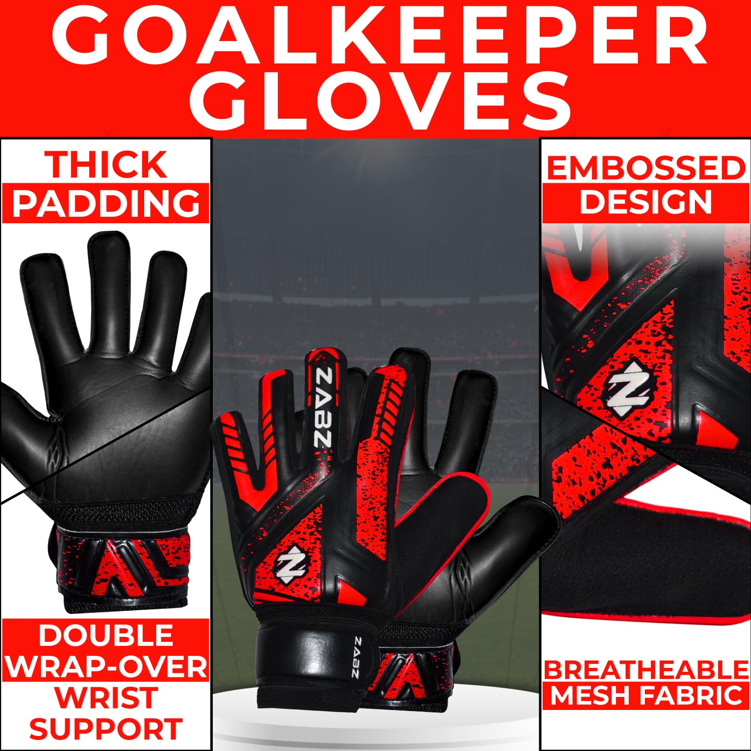 ZABZ Goalkeeper Gloves Non-slip Latex Material Soccer Goalie Football Goalkeeping Gloves Wrist Protection For Kids Youth and Adults (Red, Size 4 - Suitable for 6-9 Years) - Image 3