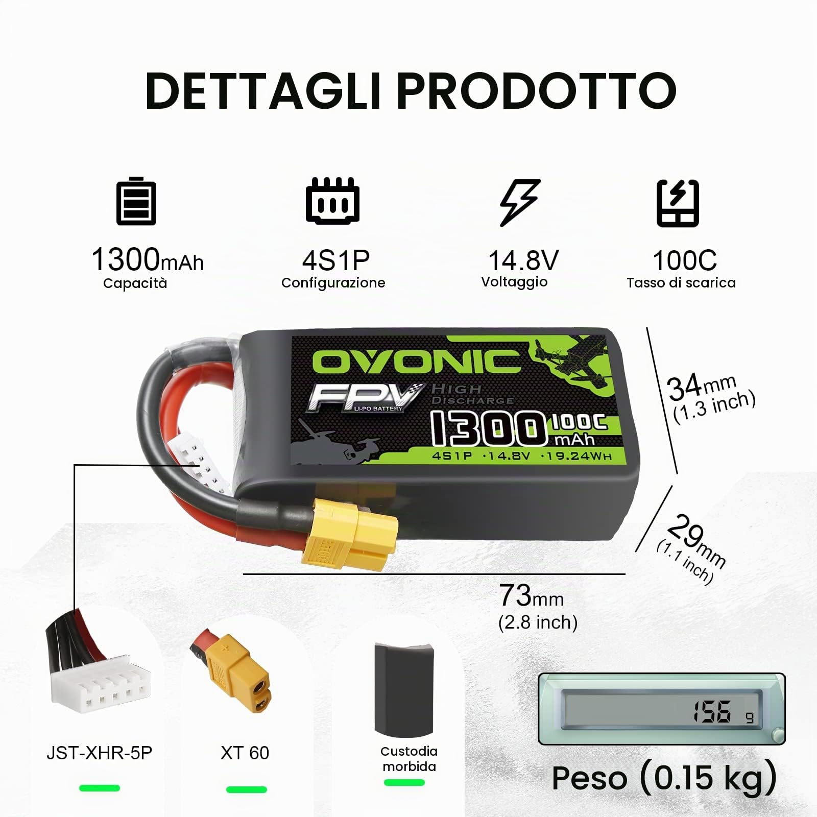 OVONIC Batteria Lipo 4s 14.8V 1300mAh 100C con connettore XT60 per FPV Racing RC Quadcopter Elicottero Aereo Multi-Motore Hobby Parti fai da te (2 confezioni)