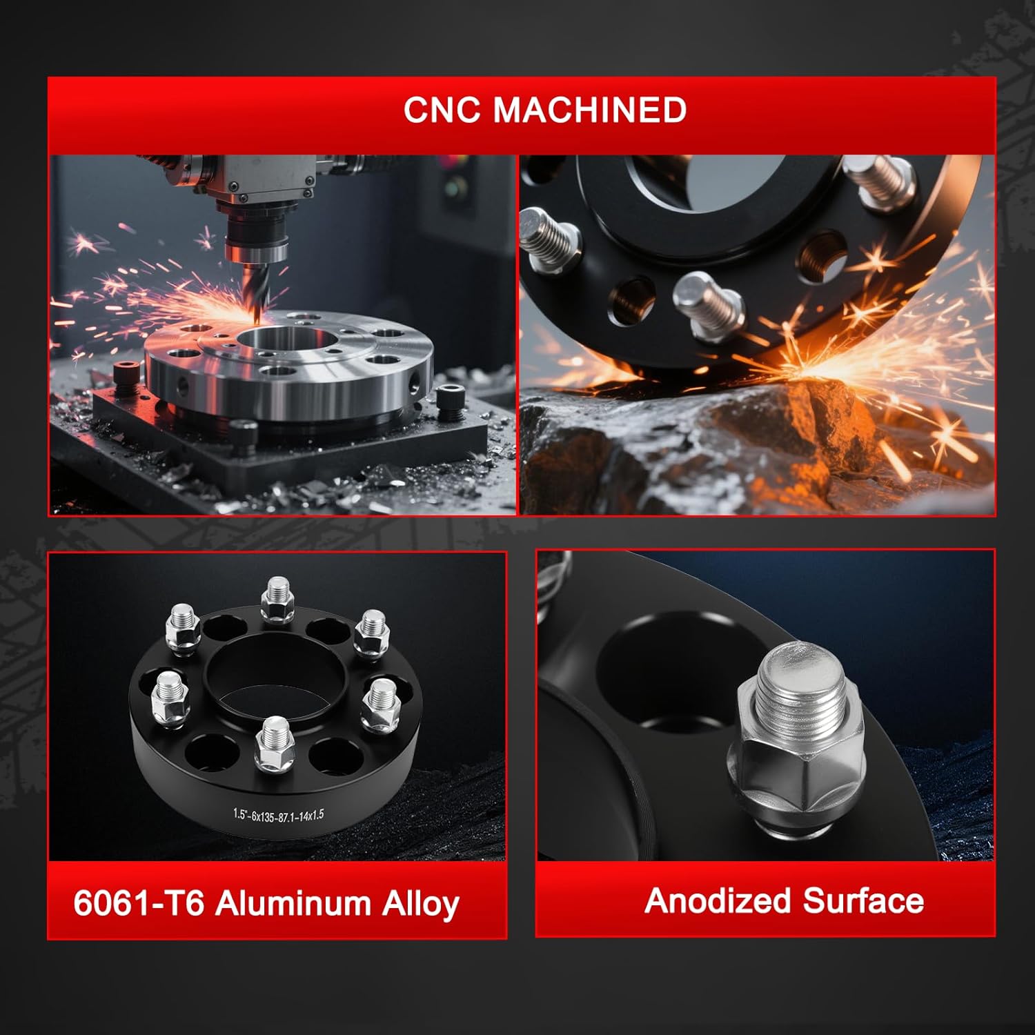 6x5.3 Wheel Spacers,Wheel Adapters 6x135mm 1.5 inch, 87.1mm Hub Bore, M14x1.5 Studs, Aluminum CNC 4pcs Car Wheel Accessories Parts Fit for F150 Navigator Lobo for Expedition 2015-2025