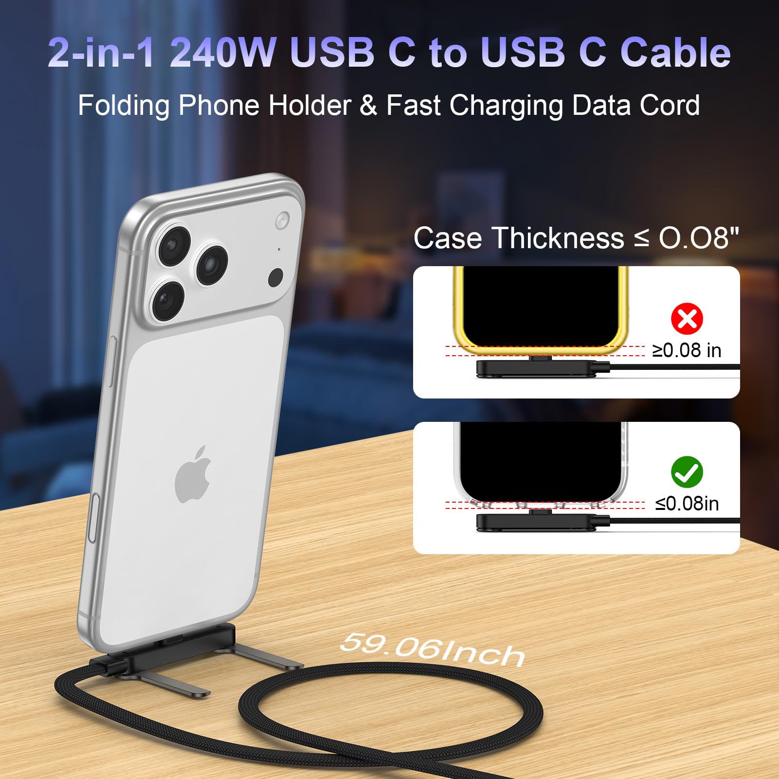 Cavo USB di tipo C di ricarica rapida 240w 1,5 m con supporto invisibile | Cavo USBC a forma di T con cavalletto pieghevole ad angolo di 90°, cavo di ricarica piatto per Samsung Galaxy S26 Ultra S25