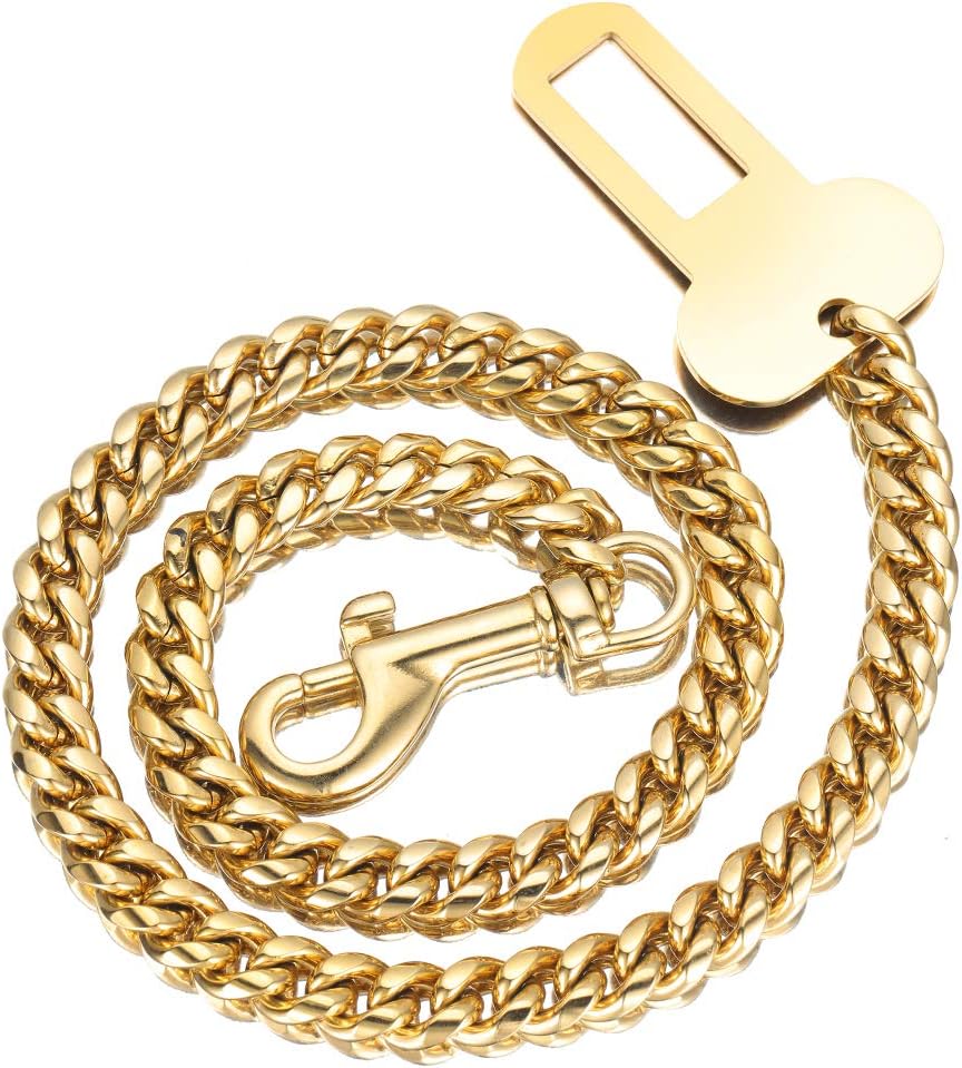 AIYIDI Pet Dog Car Seat Belt Heavy Duty Car Safety Belt Stainless Steel Gold Curb Cuban Chain Dog Chain Safety Seat Belt Suitable for…
