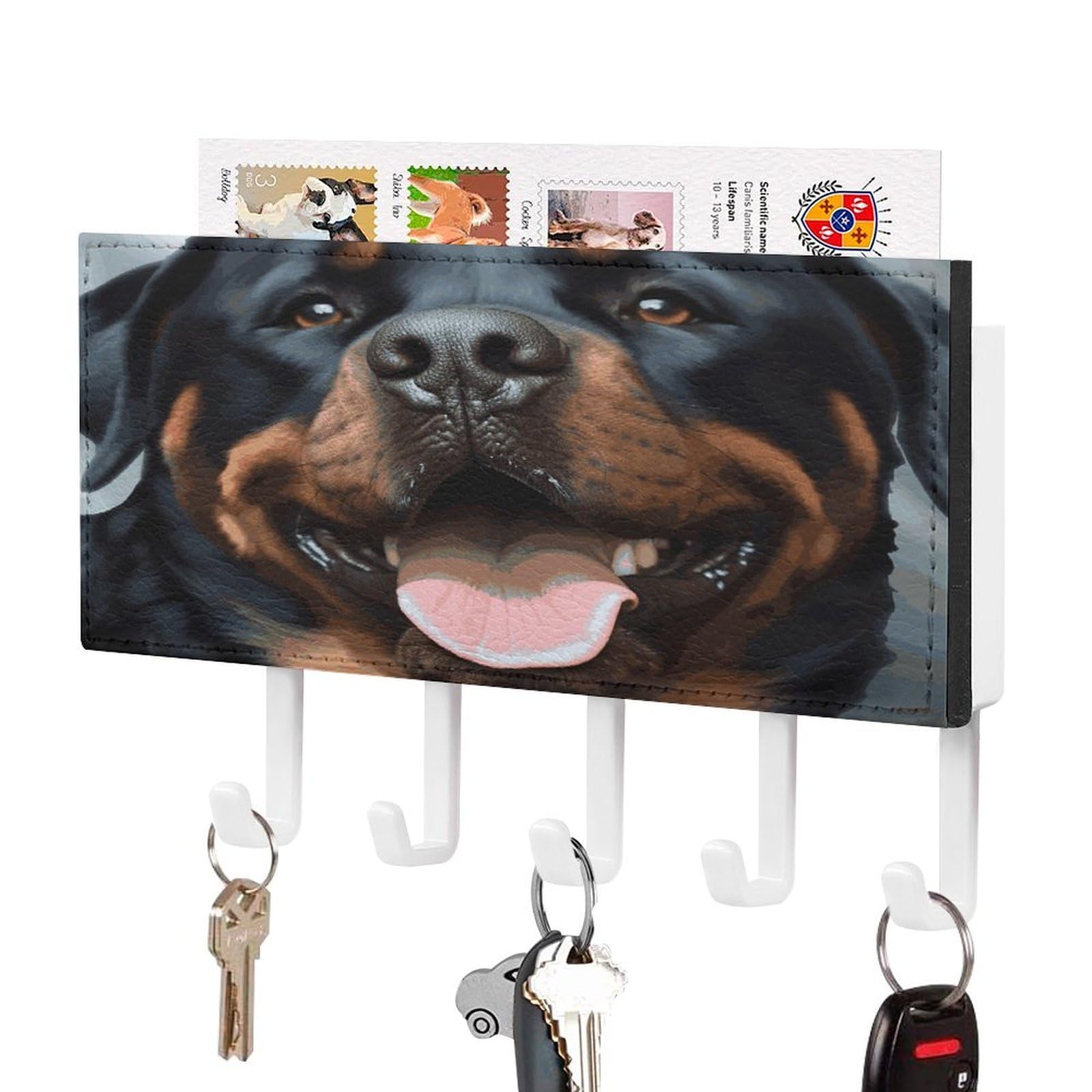 Rottweiler Dogs Tongue Head Key Holder Wall Mount Decorative Key And Mail Holder Pu Key Rack with 5 Hooks Key Hanger Organizer Decorative Home Decor for Wall for Entryway Office Living Room White-styl