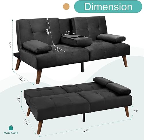 Miniatura 2 de Meilocar Sofá cama de terciopelo de 60 pulgadas con reposabrazos extraíbles, cama de invitados ajustable para espacios pequeños con portavasos y 3