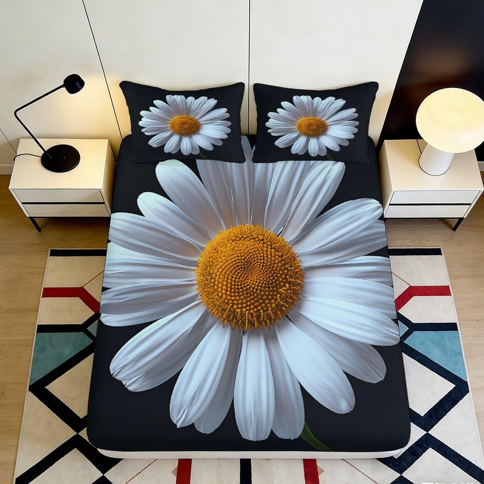 Pnayamiorkfel Style-4 3D Printed White Daisy Fitted Sheet Microfiber Soft Decorative Flower Bed Cover For Bedroom Dorm Mattress Protection 90X200x25cm