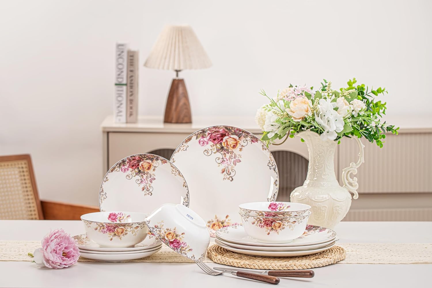 Dinnerware Sets, Plates Set, with Bowls, Artistic 12-Piece Ceramic Dinnerware, for Home Restaurant, Chip and Scratch Resistant, Microwave and Dishwasher Safe, Rose Collection