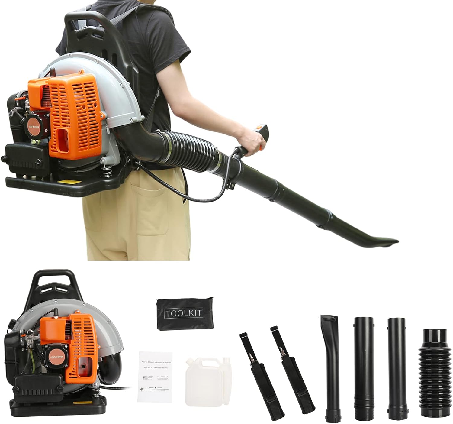 Gas Leaf Blower 550 CFM 52CC, Backpack Leaf Blower with 2-Stroke Engine High Strength Snow Blower, Lawn Care, Yard Cleaning, Snow Blowing Orange