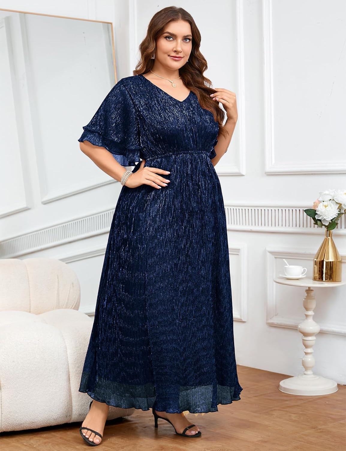 ZOMVA Plus Size 0X-4X Sparkly Mesh Maxi Formal Dress Ruffle Sleeves V Neck A-line Flowy Dress Evening Gown Cocktail Prom - Image 6