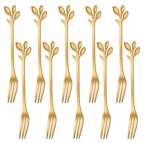AnSaw 10-Piece Gold Leaf Dessert Forks Set - 4.7' Mini Cocktail Forks | Stainless Steel Forks,Appetizer Forks,Fruit Fork