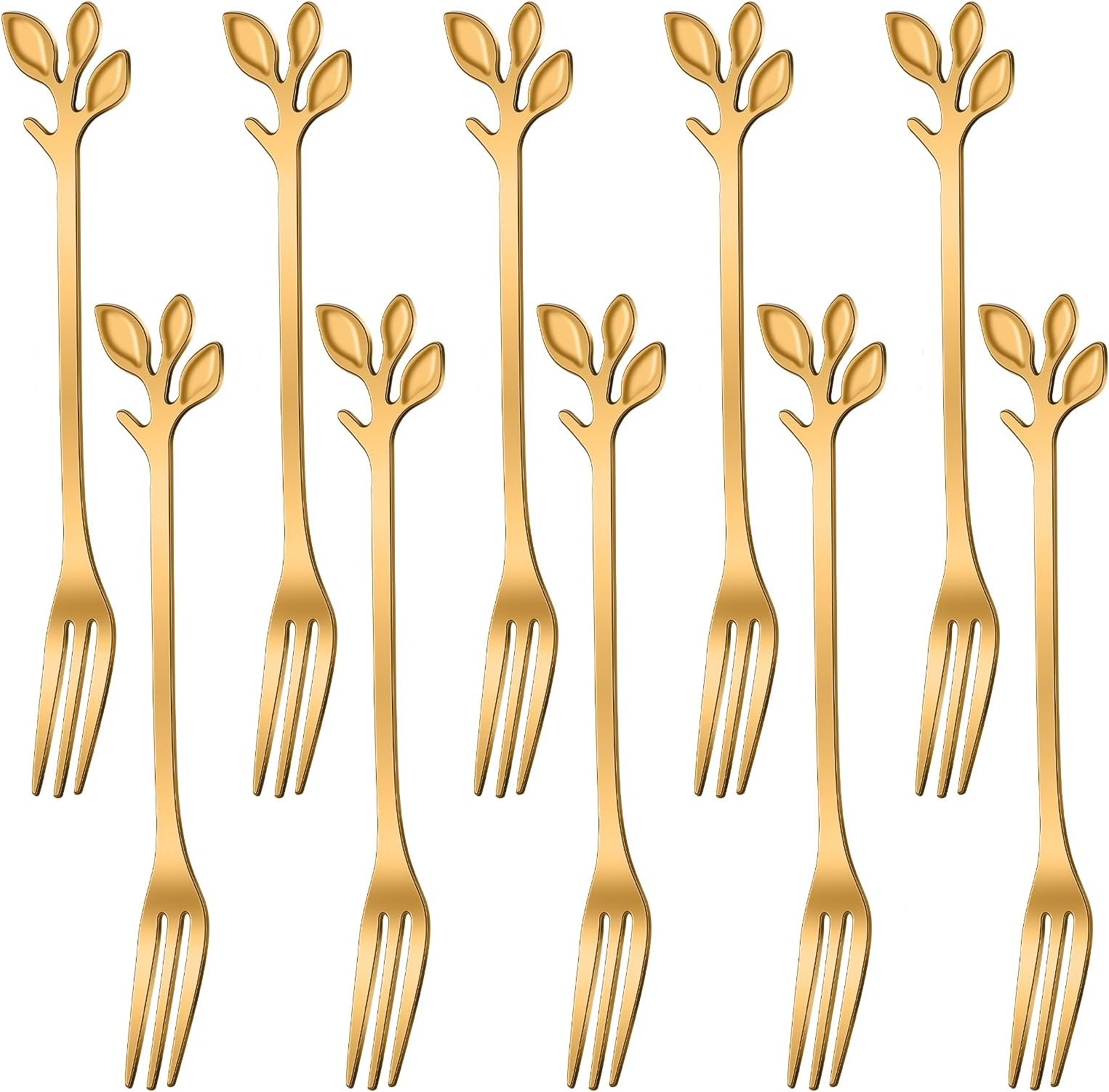 AnSaw 10-Piece Gold Mini Leaf Dessert Forks Set - 4.7" Elegant Stainless Steel Fruit, Appetizer, Cake & Salad Forks - Perfect for Cocktail Parties & Home Use