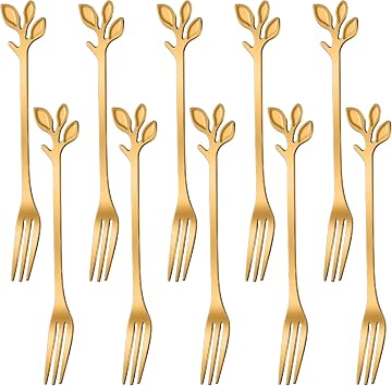 AnSaw 10-Piece Gold Leaf Dessert Forks Set - 4.7" Mini Cocktail Forks | Stainless Steel Forks,Appetizer Forks,Fruit Forks,Cake Forks,Salad Forks,Small Fork,Parties & Home Use