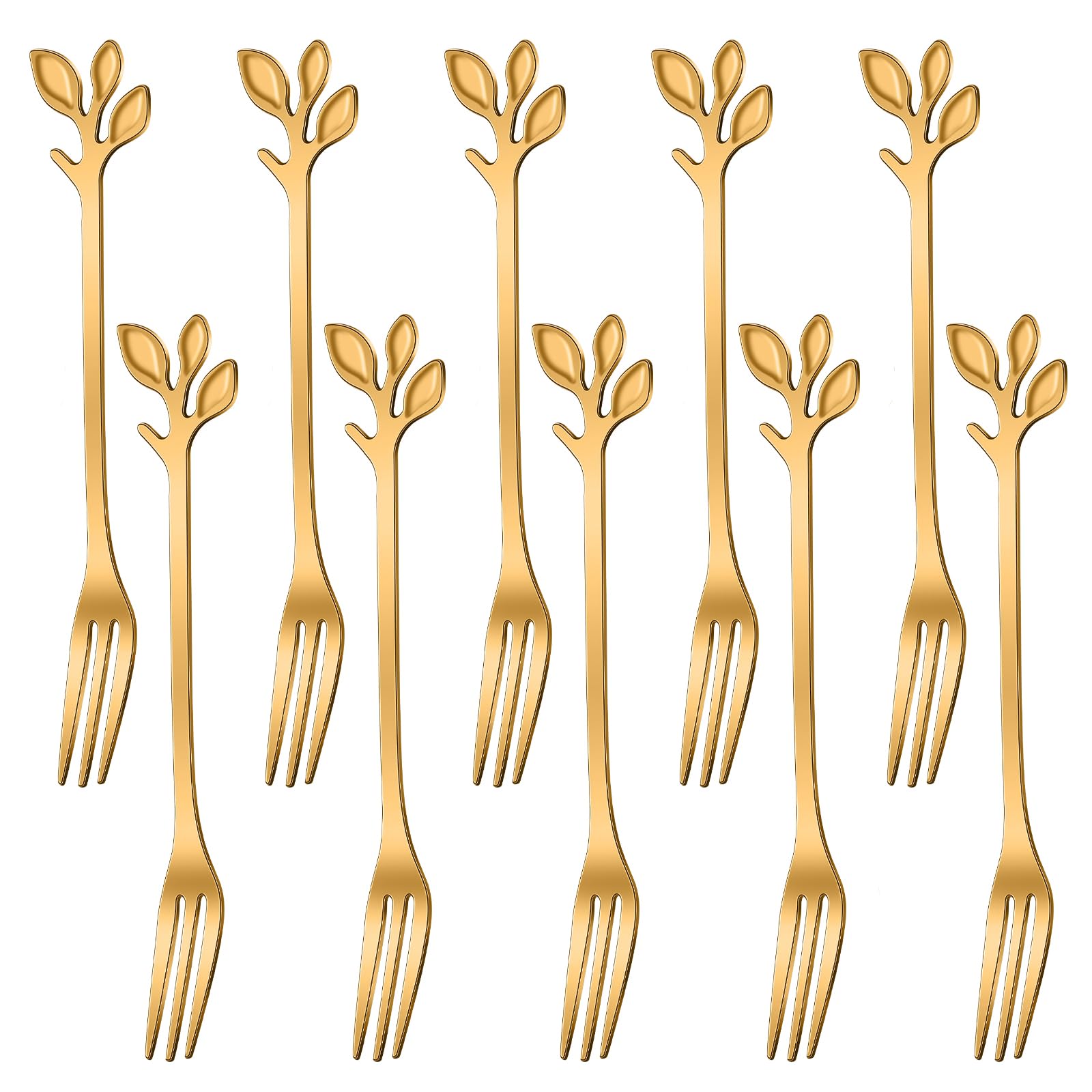 AnSaw 10-Piece Gold Leaf Dessert Forks Set - 4.7" Mini Cocktail Forks