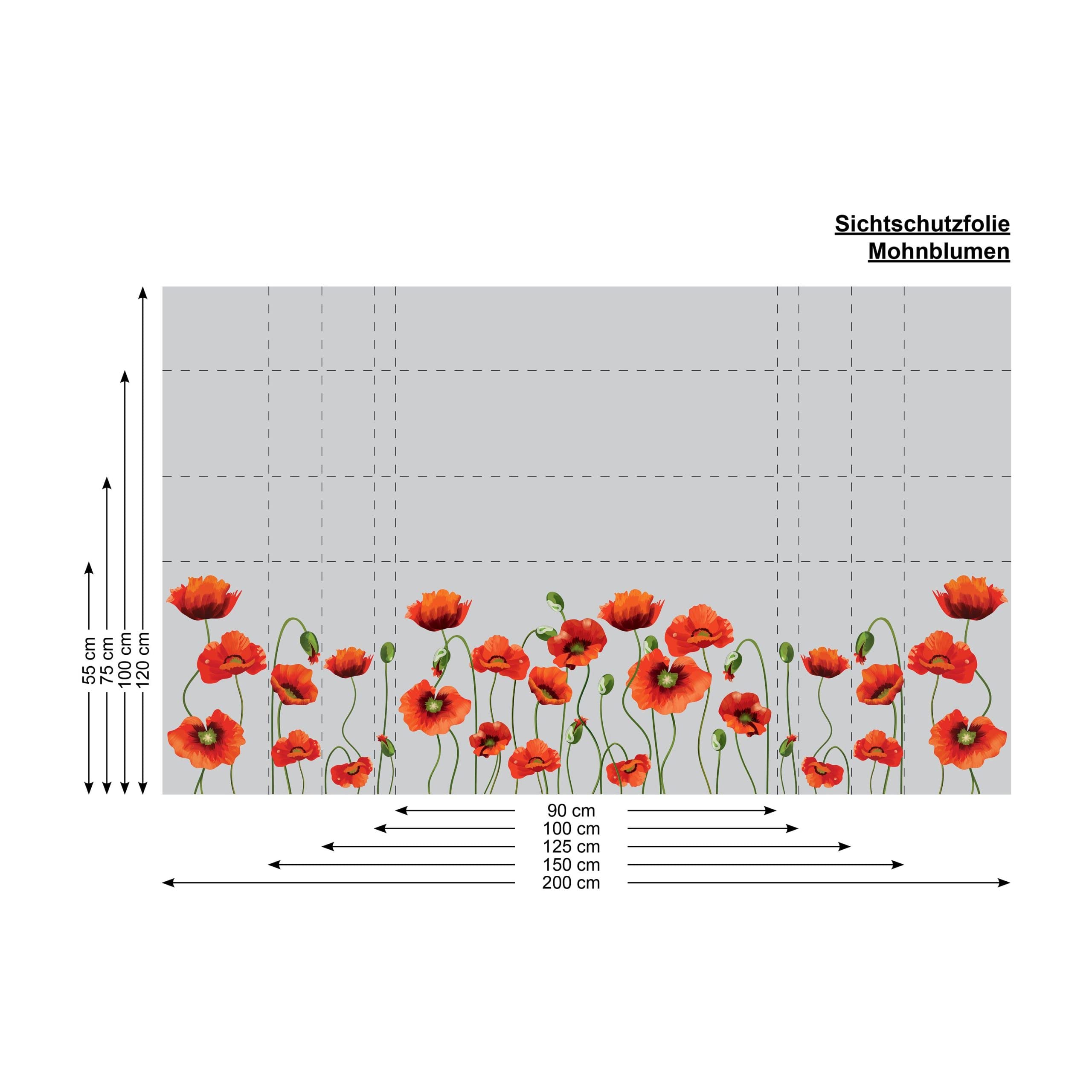 Sichtschutzfolie mit Mohnblumen, Fensterfolie Fensterdeko Milchglasfolie, 100 cm hoch, 75 cm breit