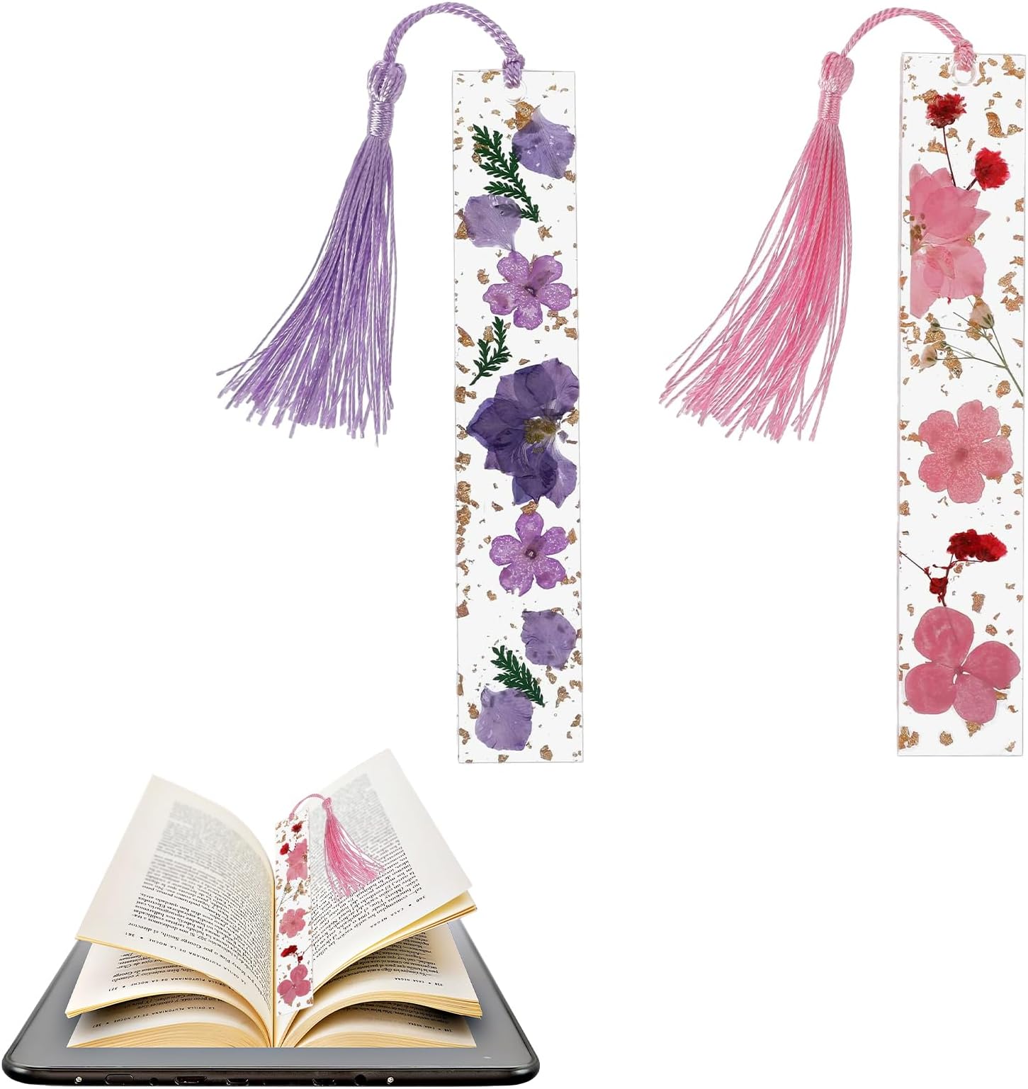 Bookmarks for Women with Tassels 2Pcs Epoxy Resin Dried Brightly Colour Real Flower Book Mark Pressed Flower Bookmark for Women Kids Book Lovers Holiday Gift