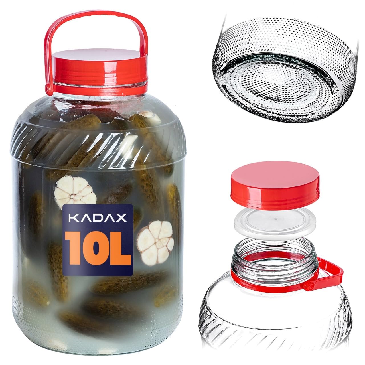 KADAX Gurkenglas mit Deckel, Einmachglas, luftdichte Konservierung, Glasballon, universelles Glas, Vorratsglas für Gurken, Aufbewahrung, Aufbewahrungsglas, Einweckglas (10L)
