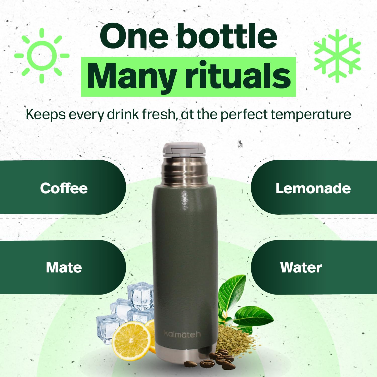 KALMATEH Termo de acero inoxidable con aislamiento al vacío de doble pared (760 ml), vertido preciso y retención de calor, para yerba mate, café, té, camping (verde militar)