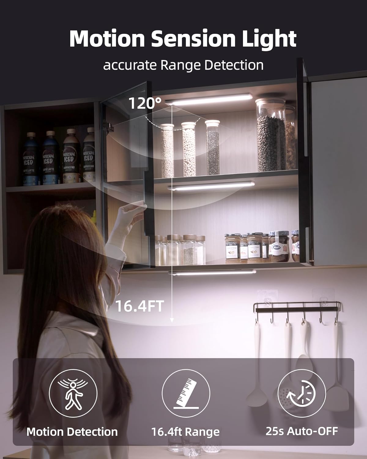 52LED Under Cabinet Lighting，1800mAH Rechargeable Battery Operatured Motion Sensor Light Indoor，3 Color Temps&Dimmable Wireless Closet Lights w/Remote for Kitchen，Counter，Stairs (2 Pack)